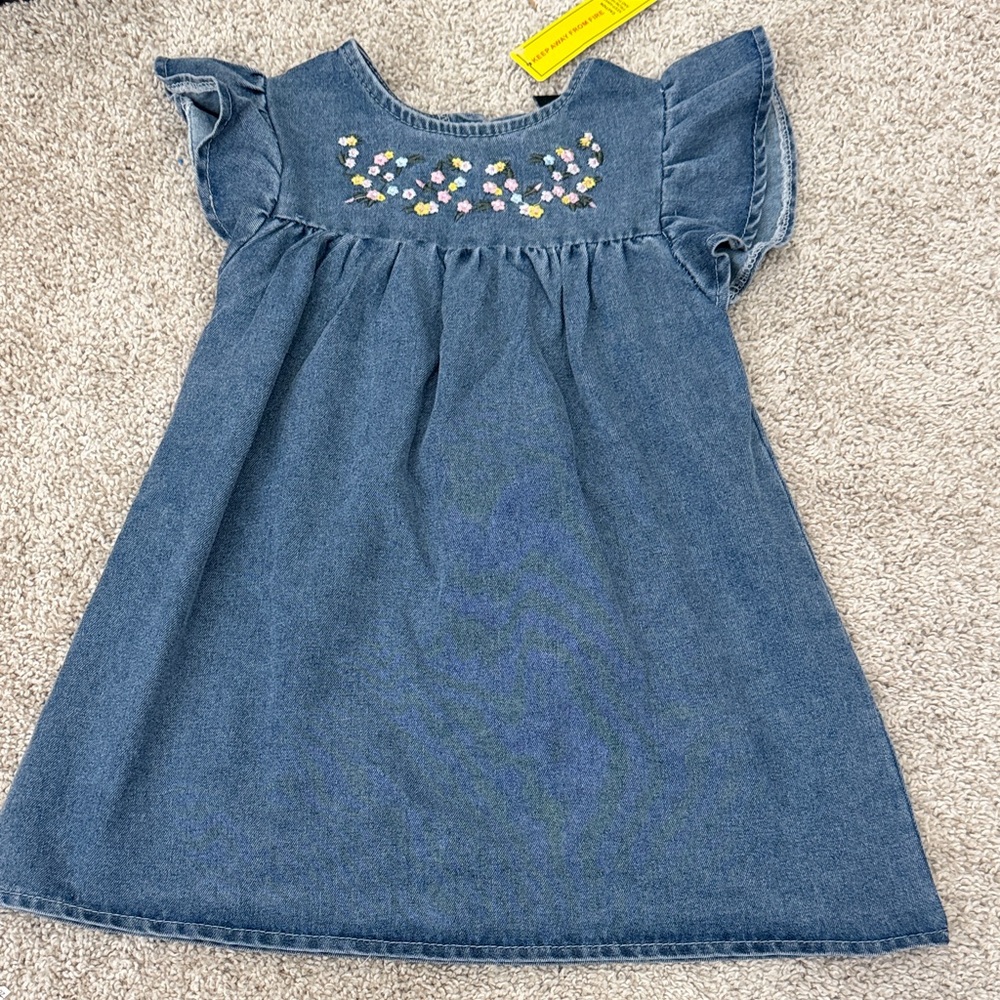 Girls Blue Denim Dress with Floral Embroidery